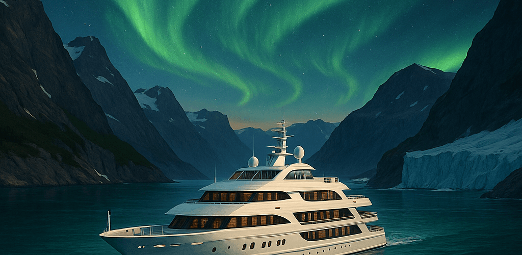Abstract painting of a small luxury yacht sailing through a fjord under the northern lights, illustrating the intimacy of small ship cruising.