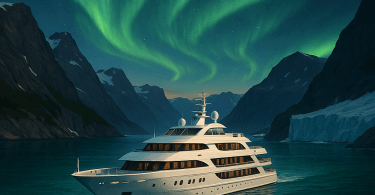 Abstract painting of a small luxury yacht sailing through a fjord under the northern lights, illustrating the intimacy of small ship cruising.