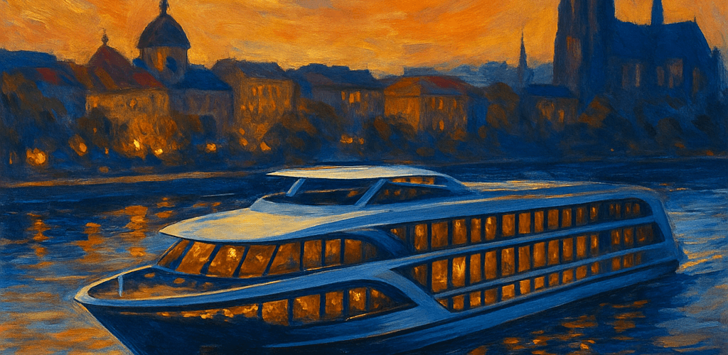 Abstract painting of a modern river cruise ship sailing through a European city at dusk