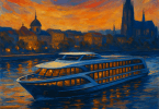 Abstract painting of a modern river cruise ship sailing through a European city at dusk