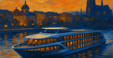 Abstract painting of a modern river cruise ship sailing through a European city at dusk
