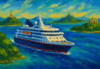 Abstract painting of a modern expedition cruise ship sailing through a tropical archipelago with vibrant blue ocean and lush islands, symbolizing expedition cruising beyond polar regions.