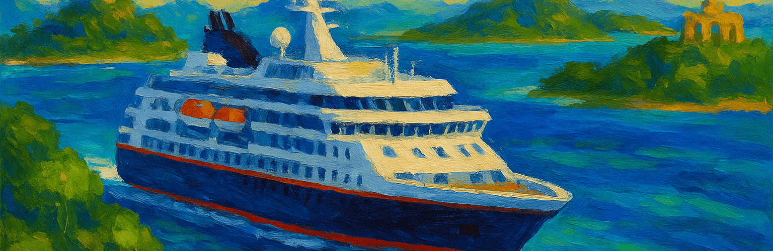 Abstract painting of a modern expedition cruise ship sailing through a tropical archipelago with vibrant blue ocean and lush islands, symbolizing expedition cruising beyond polar regions.