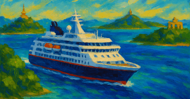 Abstract painting of a modern expedition cruise ship sailing through a tropical archipelago with vibrant blue ocean and lush islands, symbolizing expedition cruising beyond polar regions.