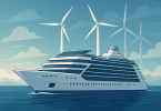Abstract painting of a futuristic cruise ship with solar panels and wind turbines symbolizing sustainable travel