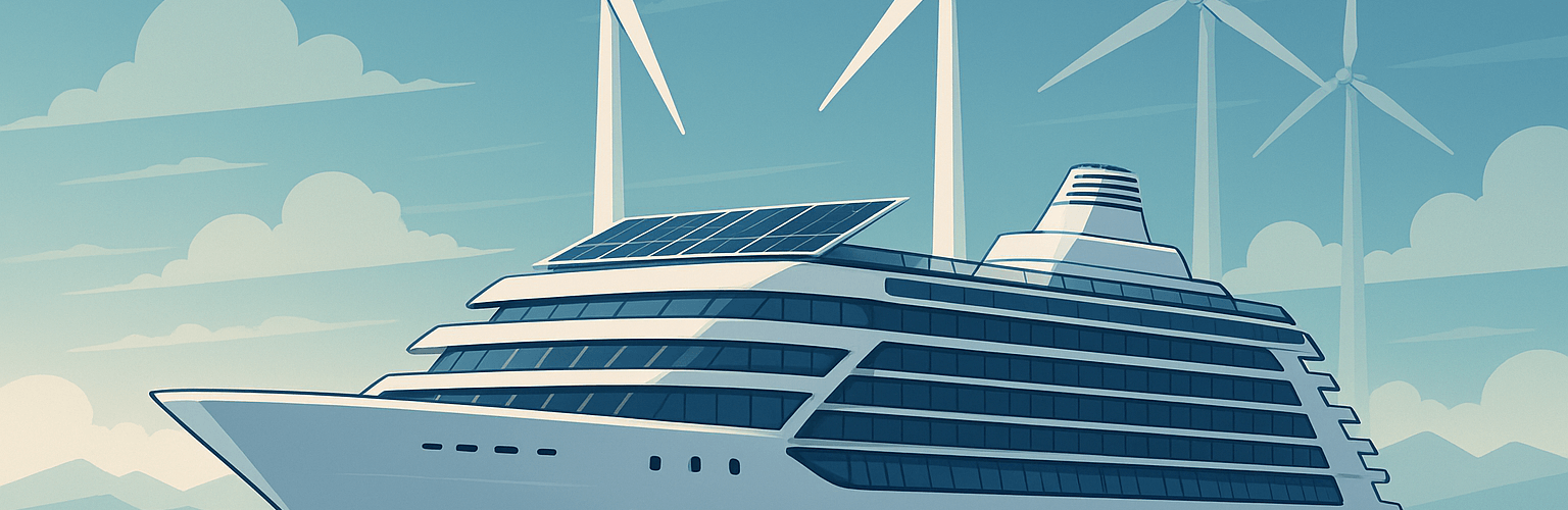 Abstract painting of a futuristic cruise ship with solar panels and wind turbines symbolizing sustainable travel