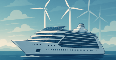 Abstract painting of a futuristic cruise ship with solar panels and wind turbines symbolizing sustainable travel