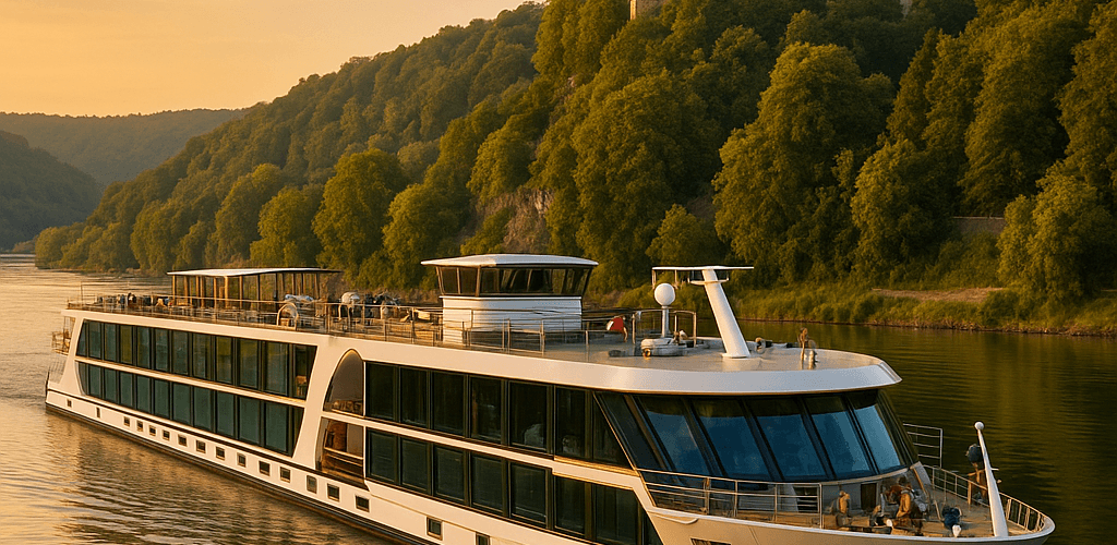Abstract painting of a modern river cruise ship passing a European castle at sunset with lush greenery