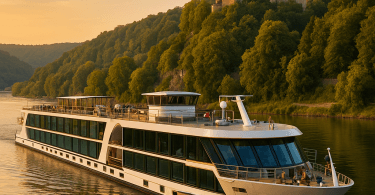 Abstract painting of a modern river cruise ship passing a European castle at sunset with lush greenery
