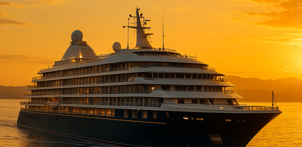 Abstract painting of a luxury cruise ship at sunset with a golden sky, illustrating opulence