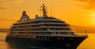 Abstract painting of a luxury cruise ship at sunset with a golden sky, illustrating opulence