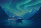 Luxury cruise ship sailing in an Alaskan fjord under the northern lights