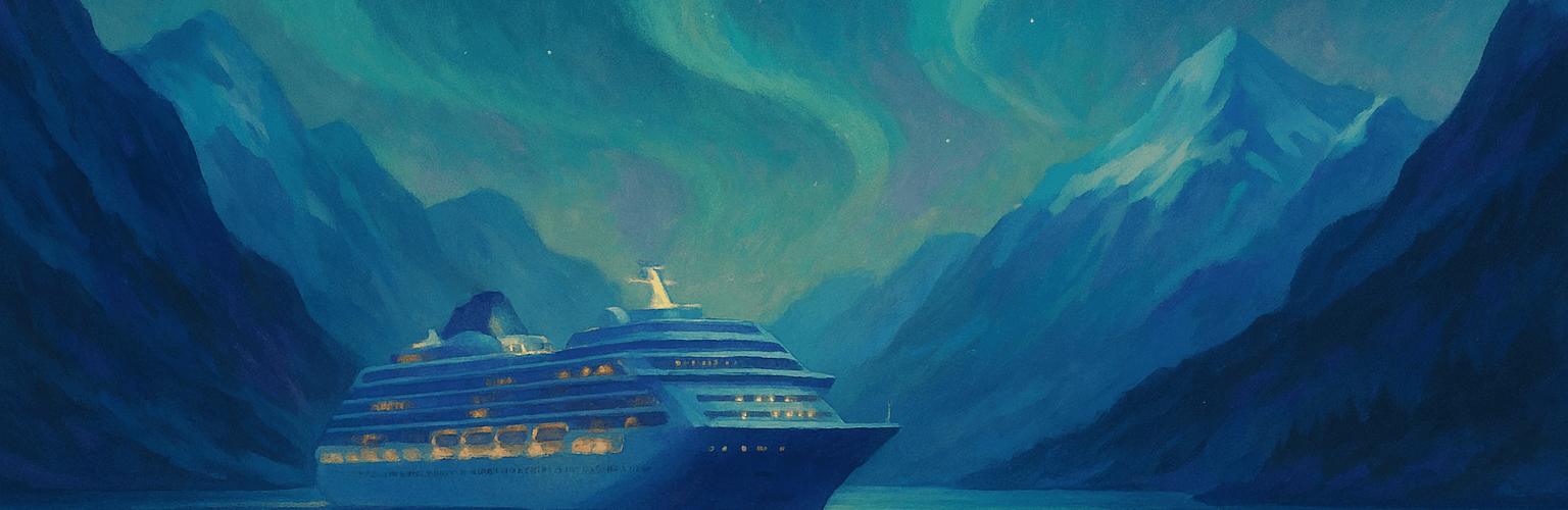 Luxury cruise ship sailing in an Alaskan fjord under the northern lights