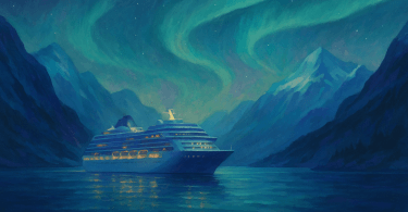 Luxury cruise ship sailing in an Alaskan fjord under the northern lights