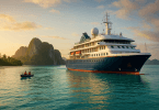 Abstract painting of an expedition cruise ship anchored near tropical islands with lush green mountains