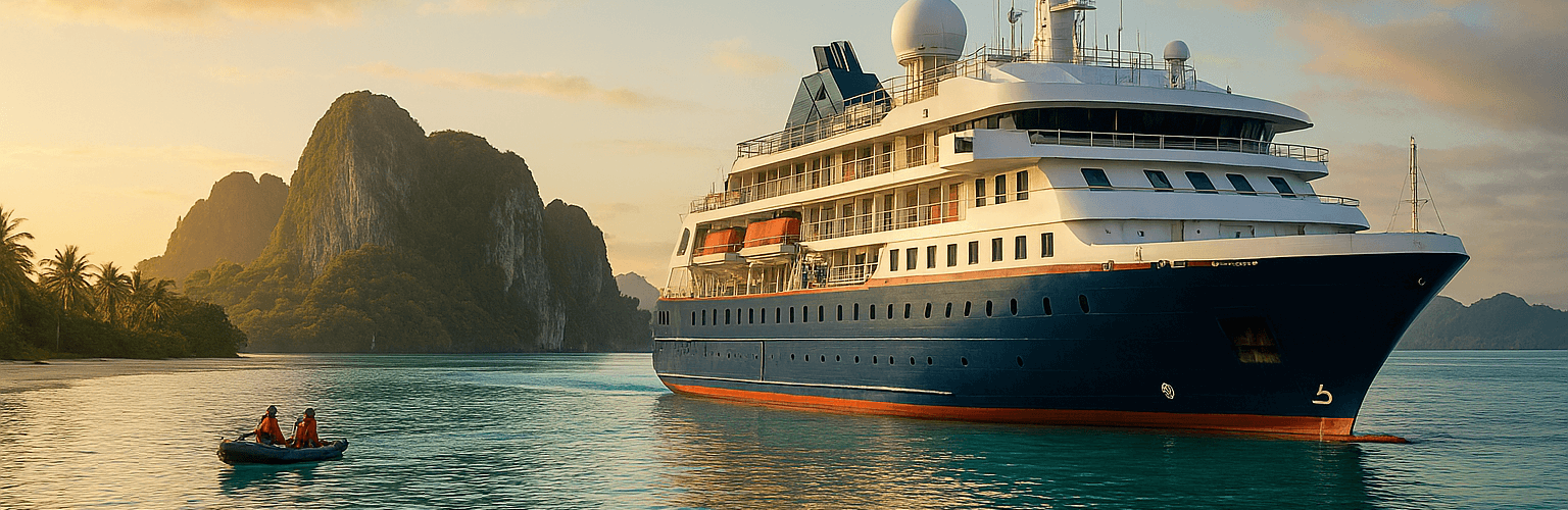 Abstract painting of an expedition cruise ship anchored near tropical islands with lush green mountains