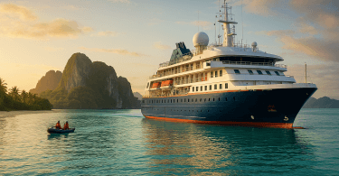 Abstract painting of an expedition cruise ship anchored near tropical islands with lush green mountains